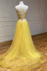 Yellow A Line Prom Dress Sleeveless Halter Neck Evening Dress