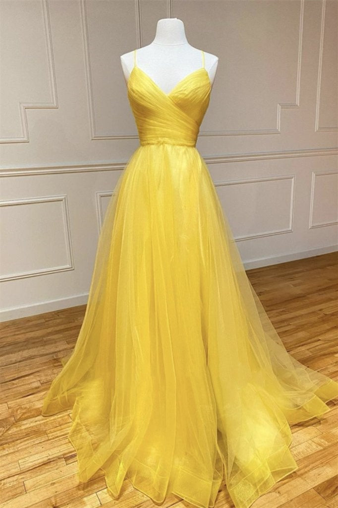 Yellow A Line Prom Dress Sleeveless Halter Neck Evening Dress