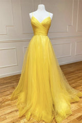 Yellow A Line Prom Dress Sleeveless Halter Neck Evening Dress