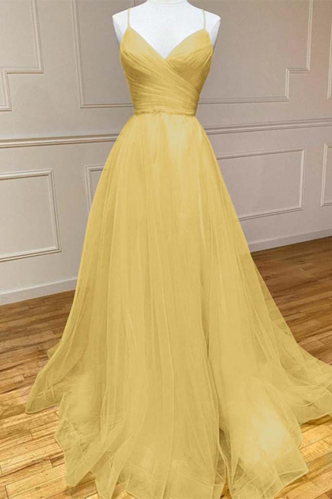 Yellow A Line Prom Dress Sleeveless Halter Neck Evening Dress