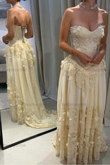 Yellow A Line Prom Dress Sleeveless Sweetheart Evening Dress With Lace Appliques