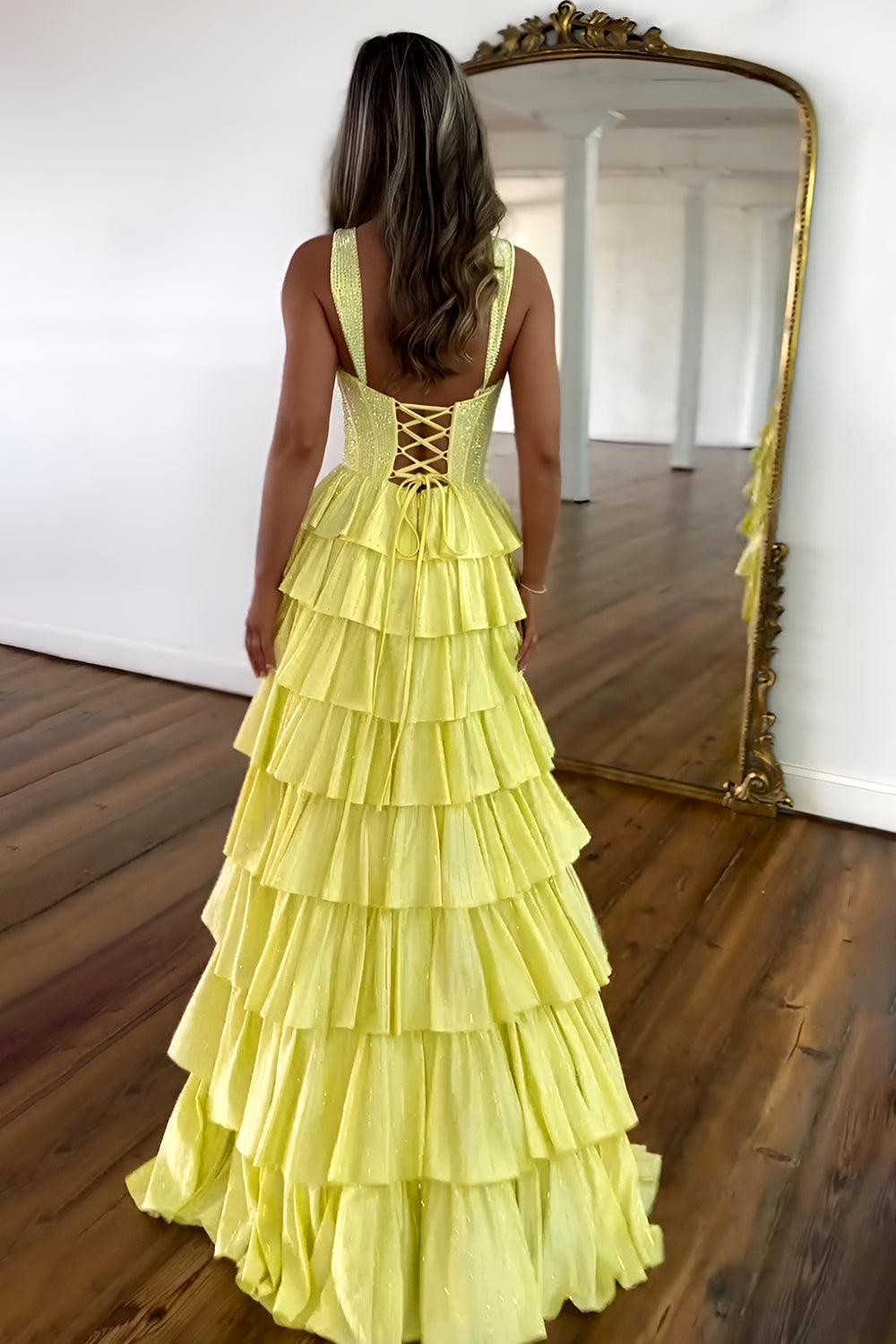 Yellow A Line Prom Dress With Lace Up Back Tiered Skirt And Leg Slit Formal Evening Gown