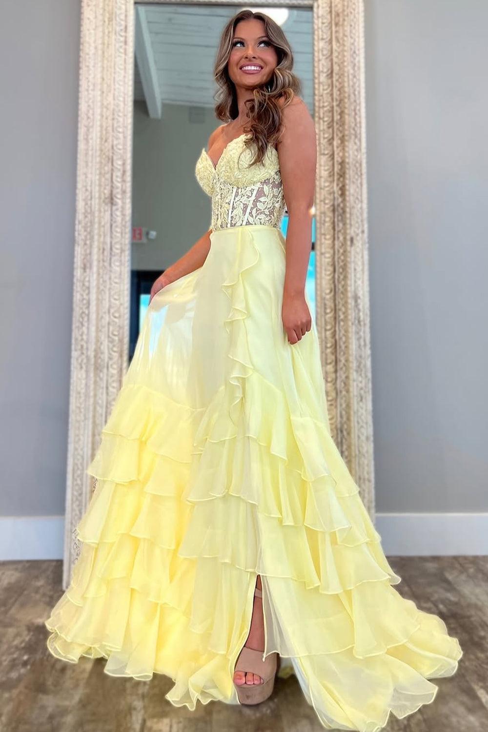 Yellow A-Line Sweetheart Lace Top Long Chiffon Prom Dress With Ruffle Skirt Formal Evening Gown
