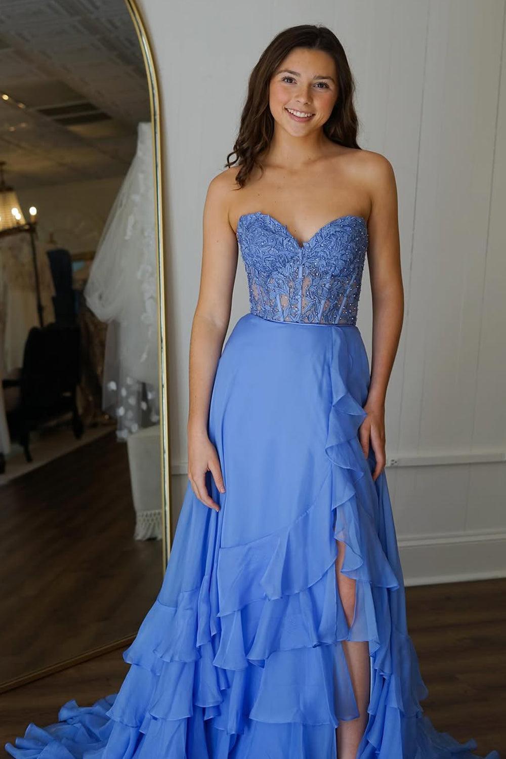 Yellow A-Line Sweetheart Lace Top Long Chiffon Prom Dress With Ruffle Skirt Formal Evening Gown