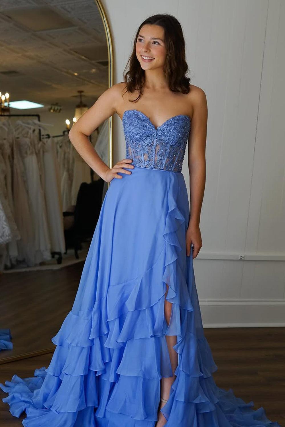 Yellow A-Line Sweetheart Lace Top Long Chiffon Prom Dress With Ruffle Skirt Formal Evening Gown
