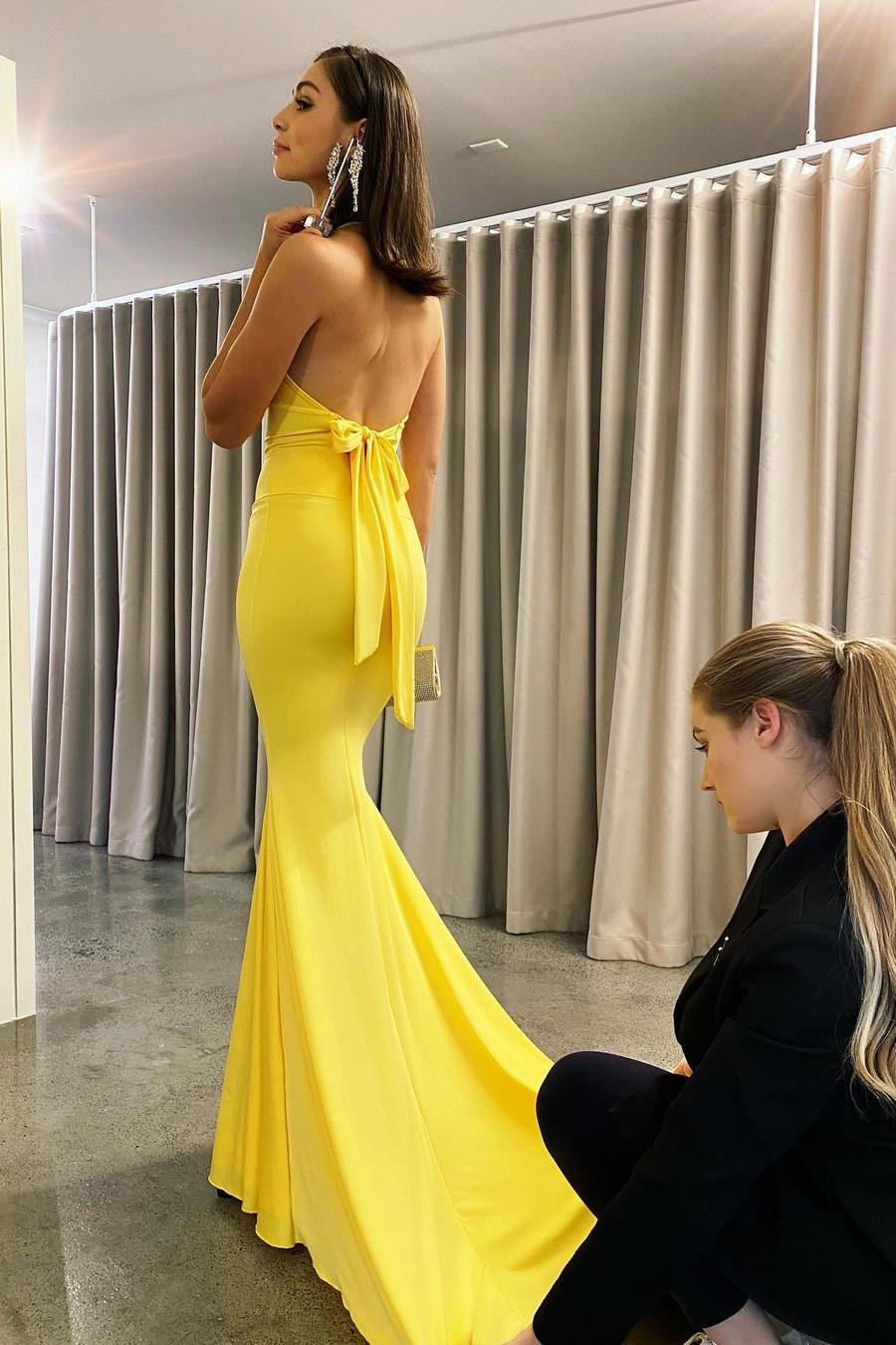 Yellow Backless Mermaid Evening Dress