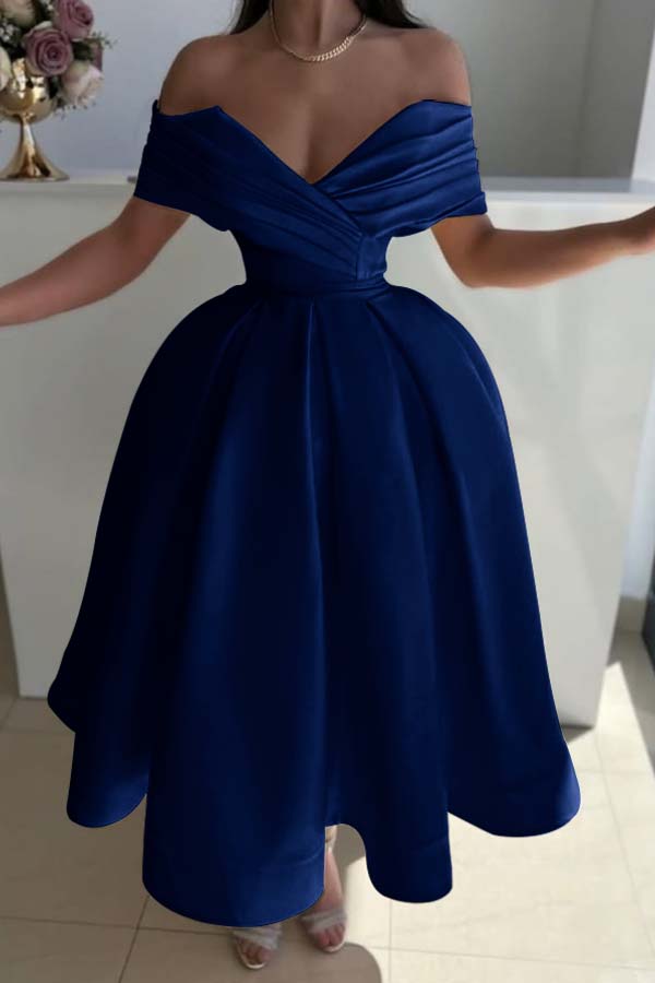 Yellow Ball Gown Prom Dress Off the Shoulder Satin Tea Length Evening Dress