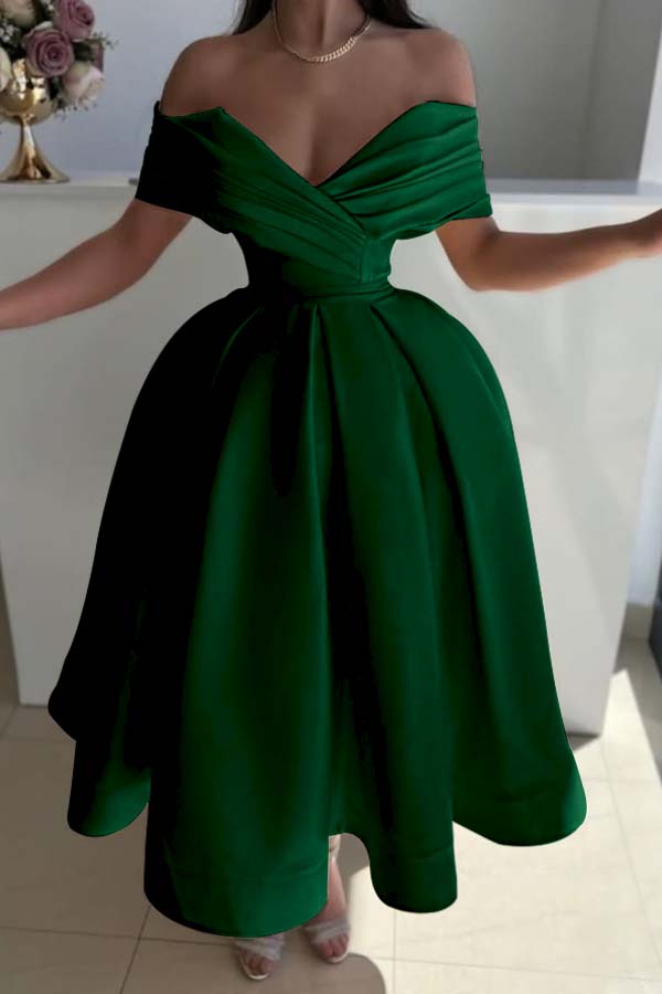 Yellow Ball Gown Prom Dress Off the Shoulder Satin Tea Length Evening Dress