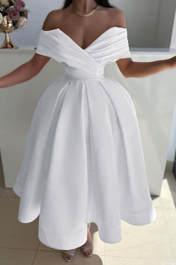Yellow Ball Gown Prom Dress Off the Shoulder Satin Tea Length Evening Dress