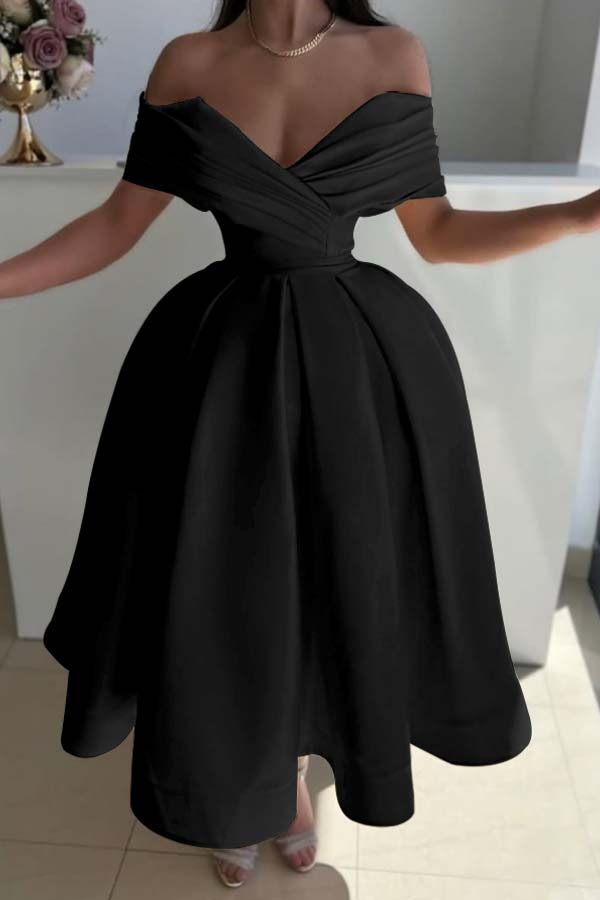 Yellow Ball Gown Prom Dress Off the Shoulder Satin Tea Length Evening Dress