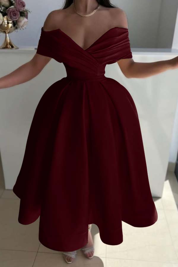 Yellow Ball Gown Prom Dress Off the Shoulder Satin Tea Length Evening Dress