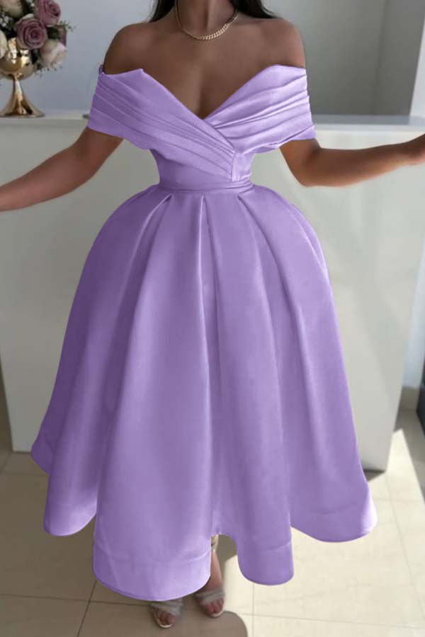 Yellow Ball Gown Prom Dress Off the Shoulder Satin Tea Length Evening Dress