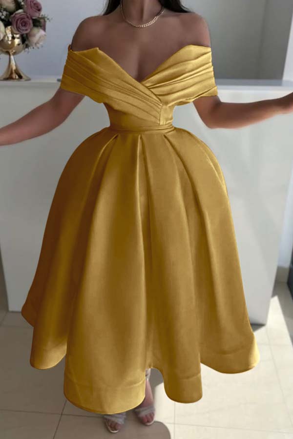 Yellow Ball Gown Prom Dress Off the Shoulder Satin Tea Length Evening Dress