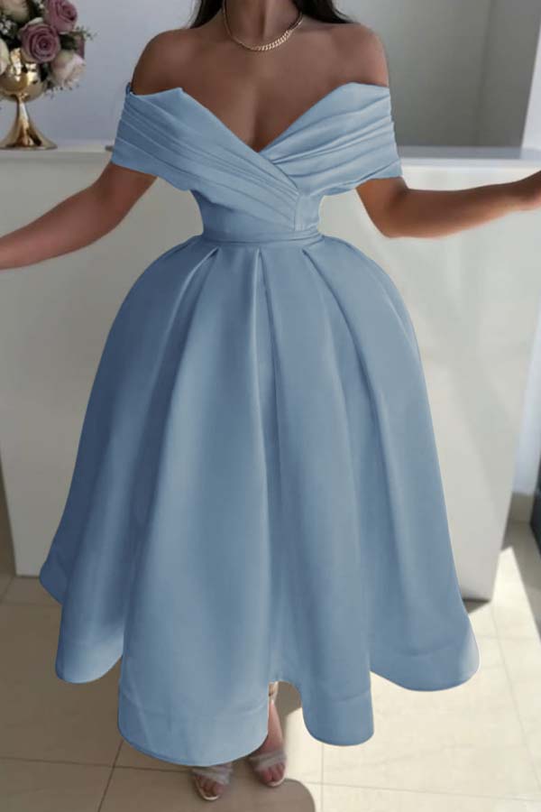 Yellow Ball Gown Prom Dress Off the Shoulder Satin Tea Length Evening Dress