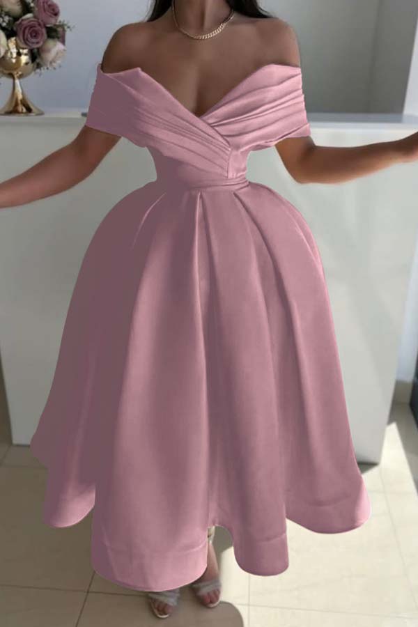Yellow Ball Gown Prom Dress Off the Shoulder Satin Tea Length Evening Dress