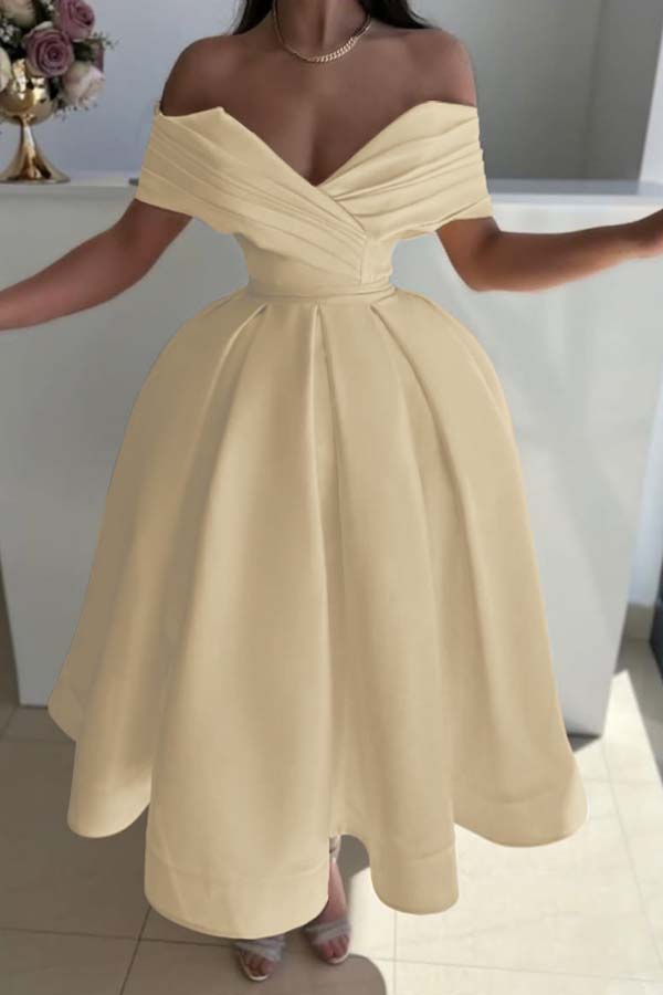 Yellow Ball Gown Prom Dress Off the Shoulder Satin Tea Length Evening Dress