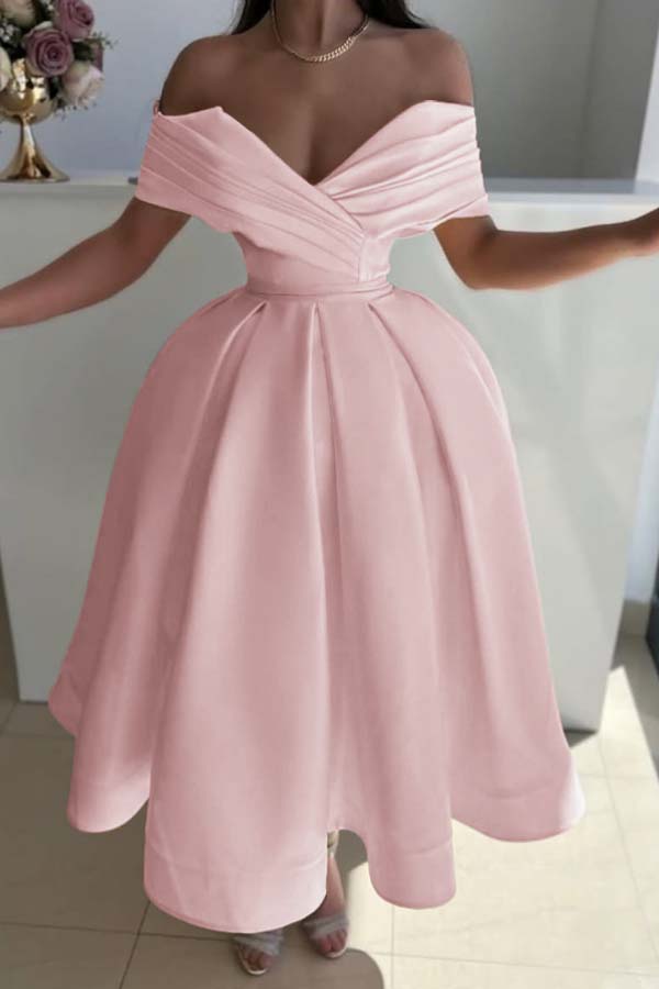 Yellow Ball Gown Prom Dress Off the Shoulder Satin Tea Length Evening Dress