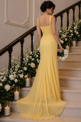Yellow Chiffon Mermaid Prom Dress with Square Neck and Ruched Bodice