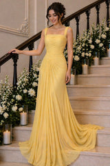 Yellow Chiffon Mermaid Prom Dress with Square Neck and Ruched Bodice