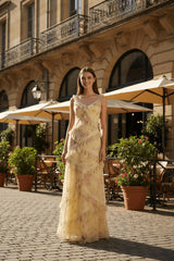 Yellow Floral Printed Prom Dress Sheath/Column Ruffled V Neck Formal Evening Dress
