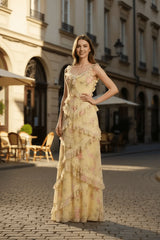Yellow Floral Printed Prom Dress Sheath/Column Ruffled V Neck Formal Evening Dress