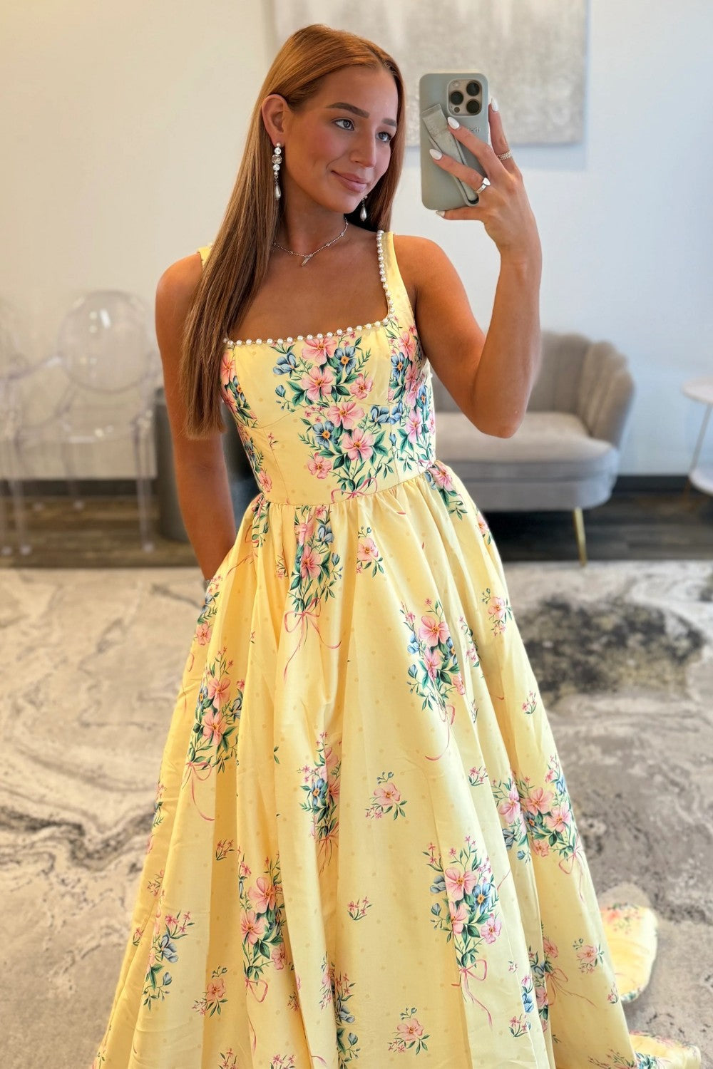 Yellow Floral Square Pearls Trim Neck Prom Dress With Open Back Formal Evening Gown