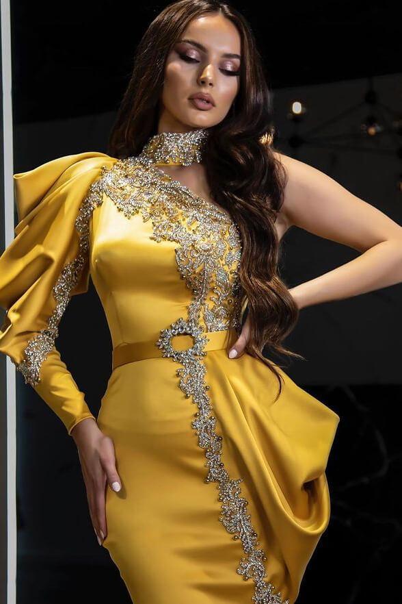 Yellow Halter One Shoulder Mermaid Long Sleeve Evening Dress with Beading