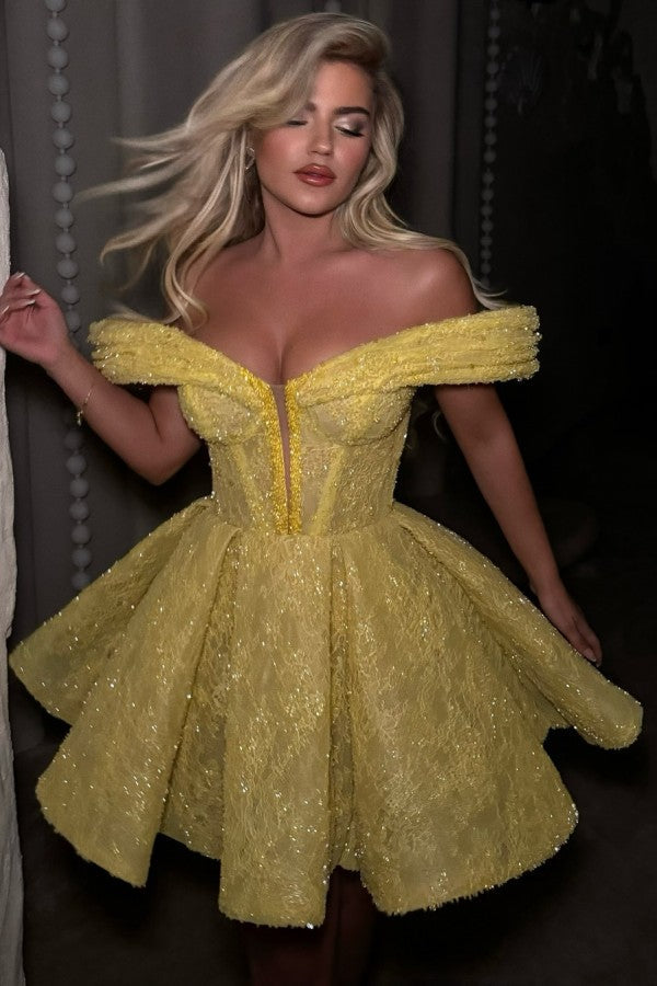 Yellow Lace A Line Homecoming Dress with Off Shoulder and Lace-Up Back