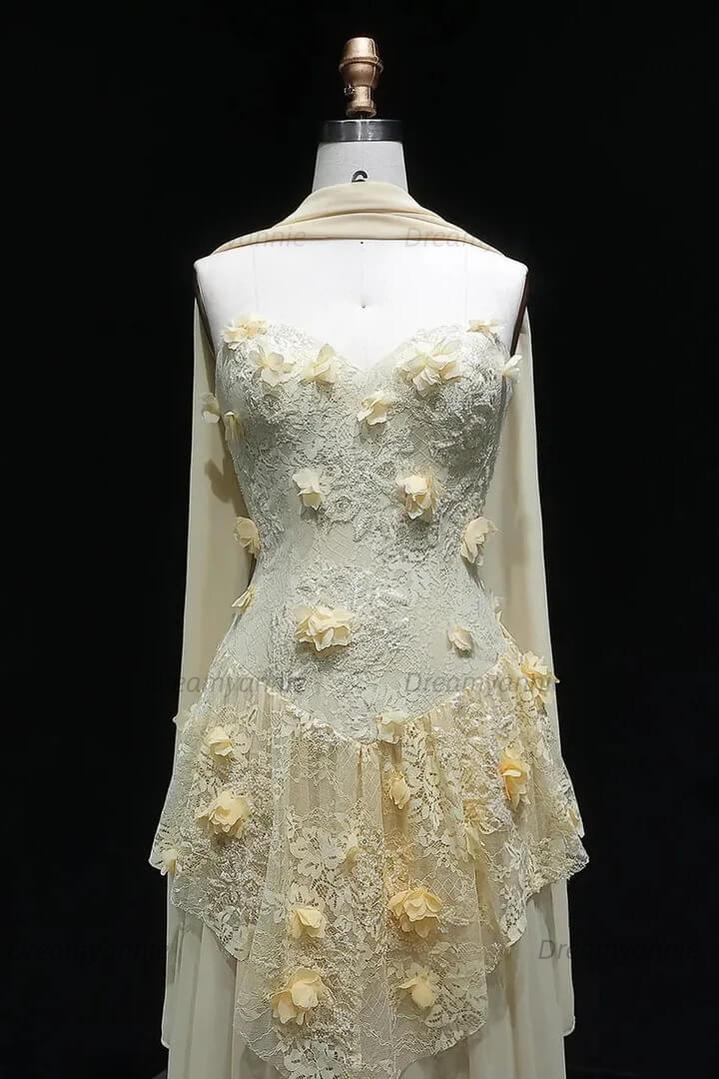Yellow Lace A Line Prom Dress Sweetheart Lace Appliqued Formal Evening Dress with 3D Flowers