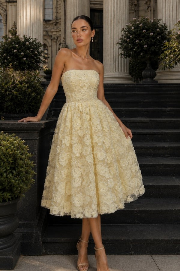 Yellow Lace A Line Prom Dress with Pearl-Center 3D Flowers
