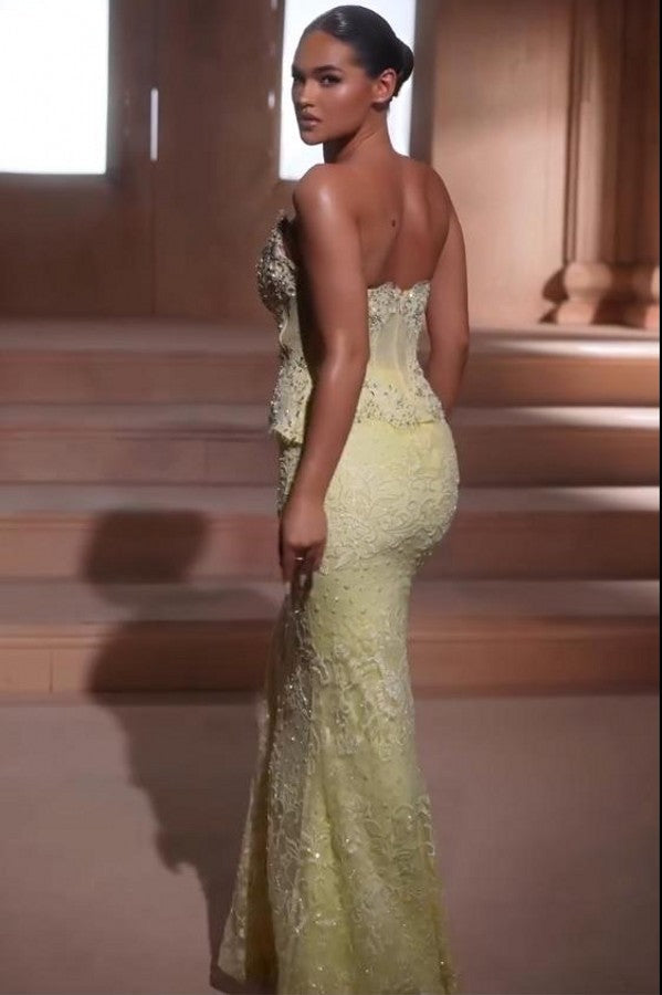 Yellow Lace Mermaid Prom Dress with Peplum Corset Bodice