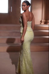 Yellow Lace Mermaid Prom Dress with Peplum Corset Bodice