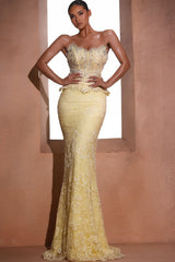Yellow Lace Mermaid Prom Dress with Peplum Corset Bodice