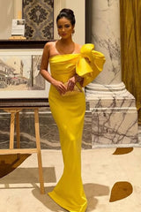 Yellow Mermaid Prom Dress Short Sleeve One Shoulder Satin Evening Dress
