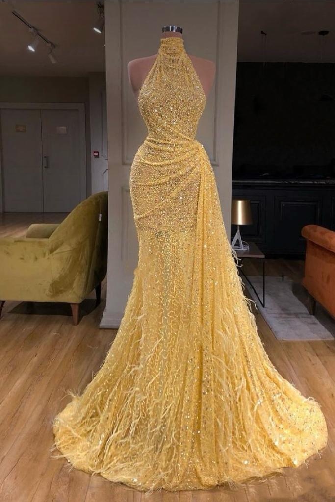 Yellow Mermaid Prom Dress Sleeveless Halter Neck Sequined Evening Dress