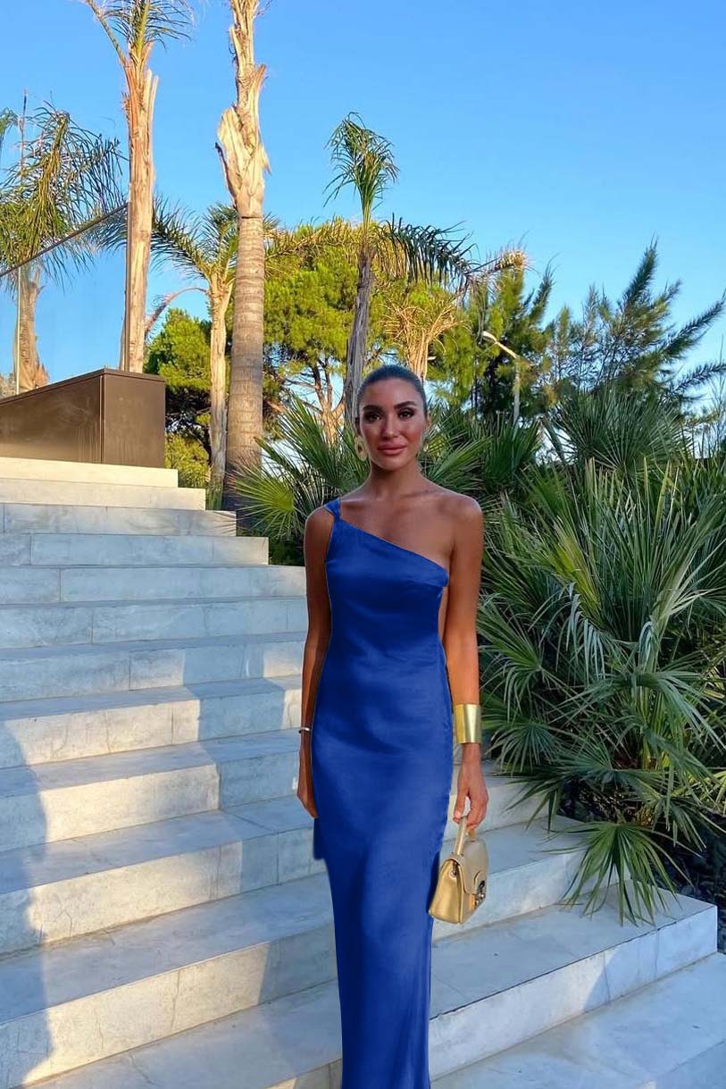 Yellow Mermaid Prom Dress Sleeveless One Shoulder Satin Evening Dress
