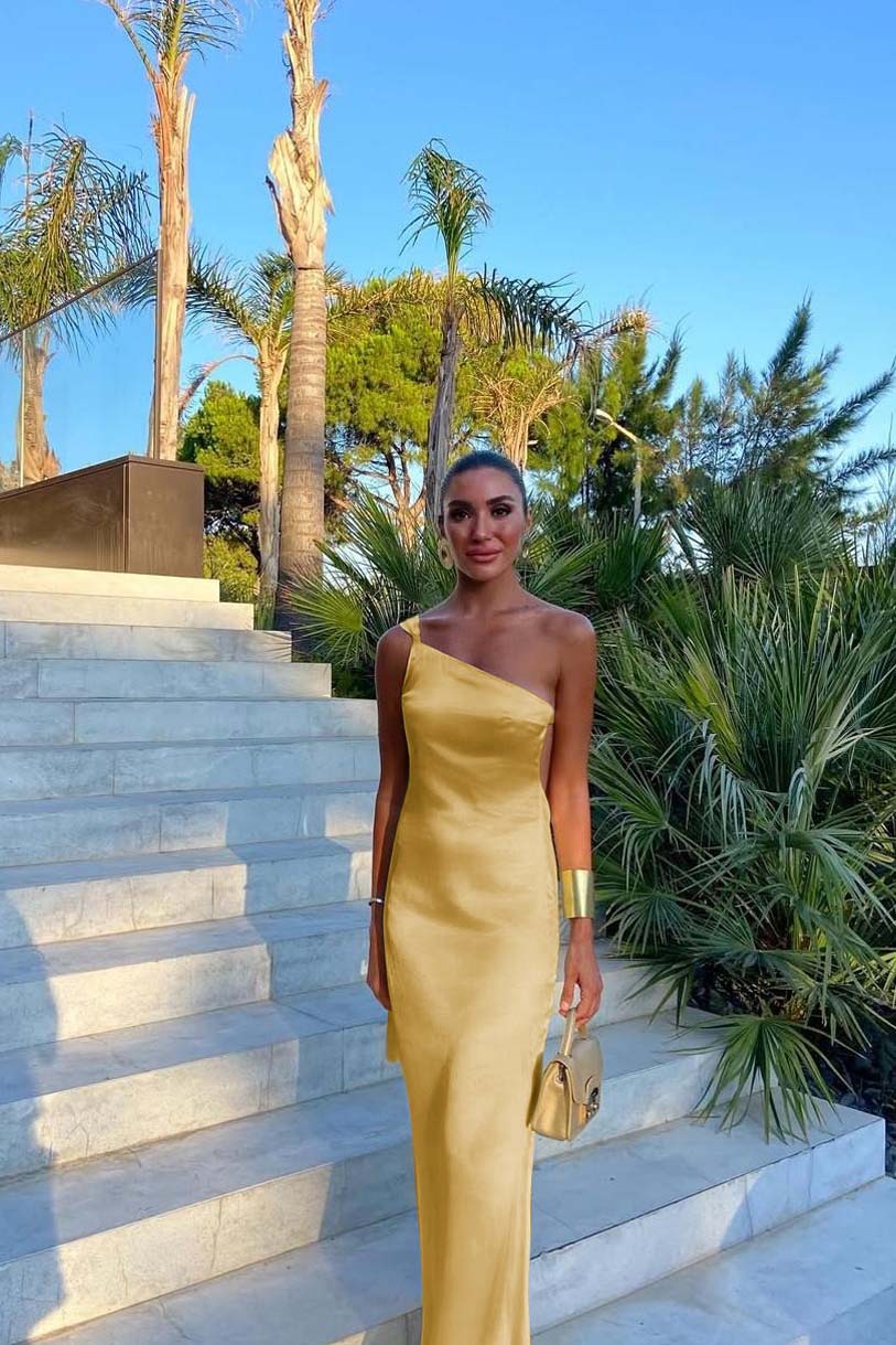 Yellow Mermaid Prom Dress Sleeveless One Shoulder Satin Evening Dress