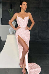 Yellow Mermaid Prom Dress Sleeveless Sequined Spaghetti Straps Evening Dress