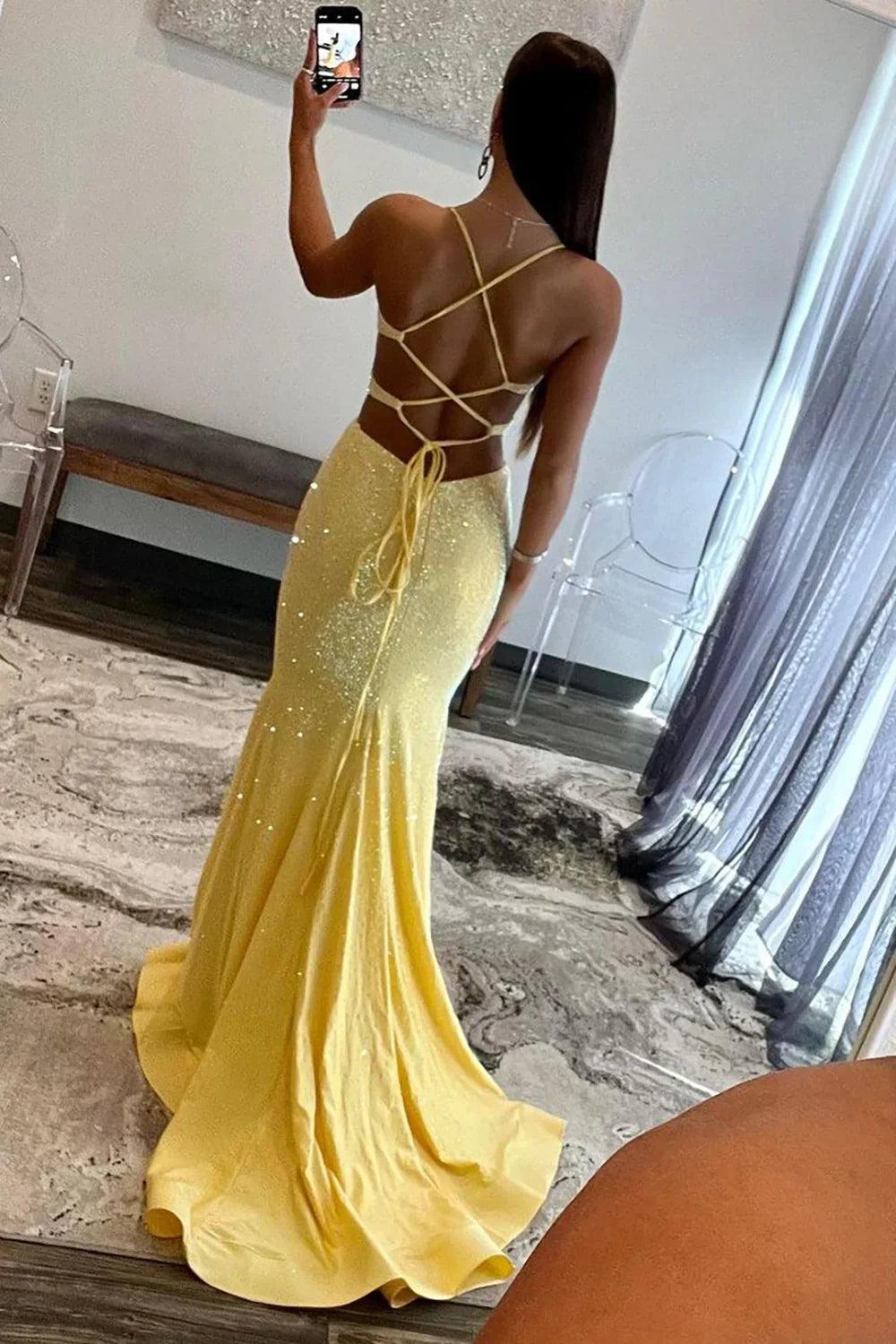 Yellow Mermaid Prom Dress With Cutout Waist Lace Up Corset And Beaded Details Formal Evening Gown