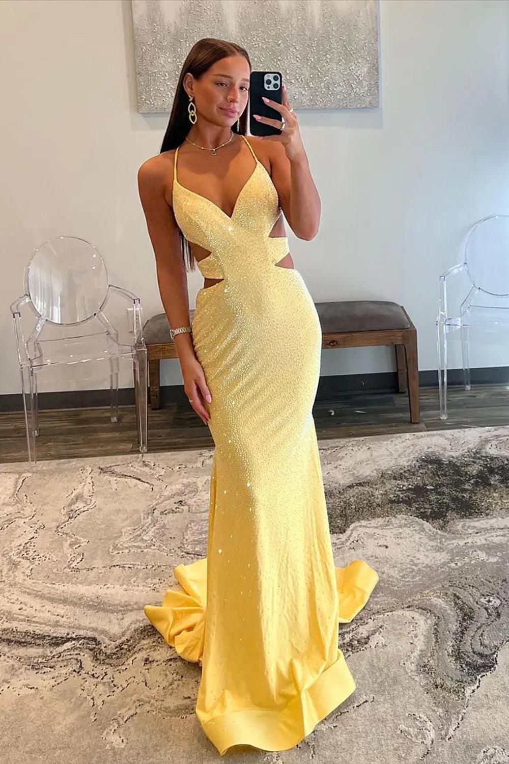 Yellow Mermaid Prom Dress With Cutout Waist Lace Up Corset And Beaded Details Formal Evening Gown