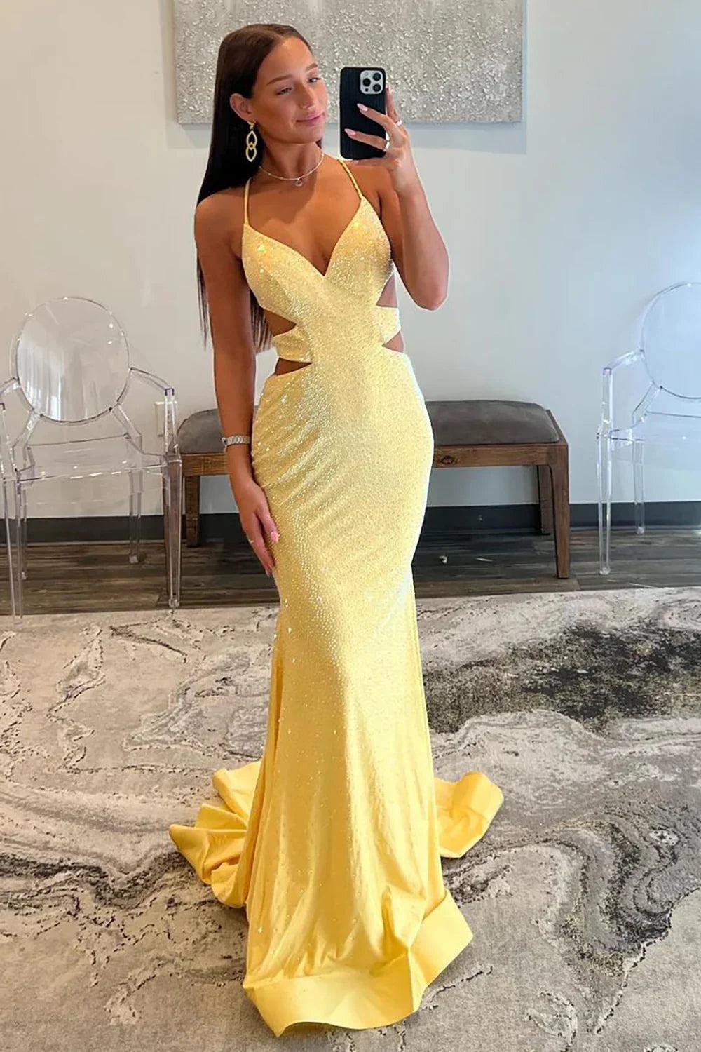 Yellow Mermaid Prom Dress With Cutout Waist Lace Up Corset And Beaded Details Formal Evening Gown