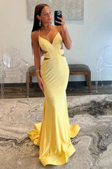 Yellow Mermaid Prom Dress With Cutout Waist Lace Up Corset And Beaded Details Formal Evening Gown