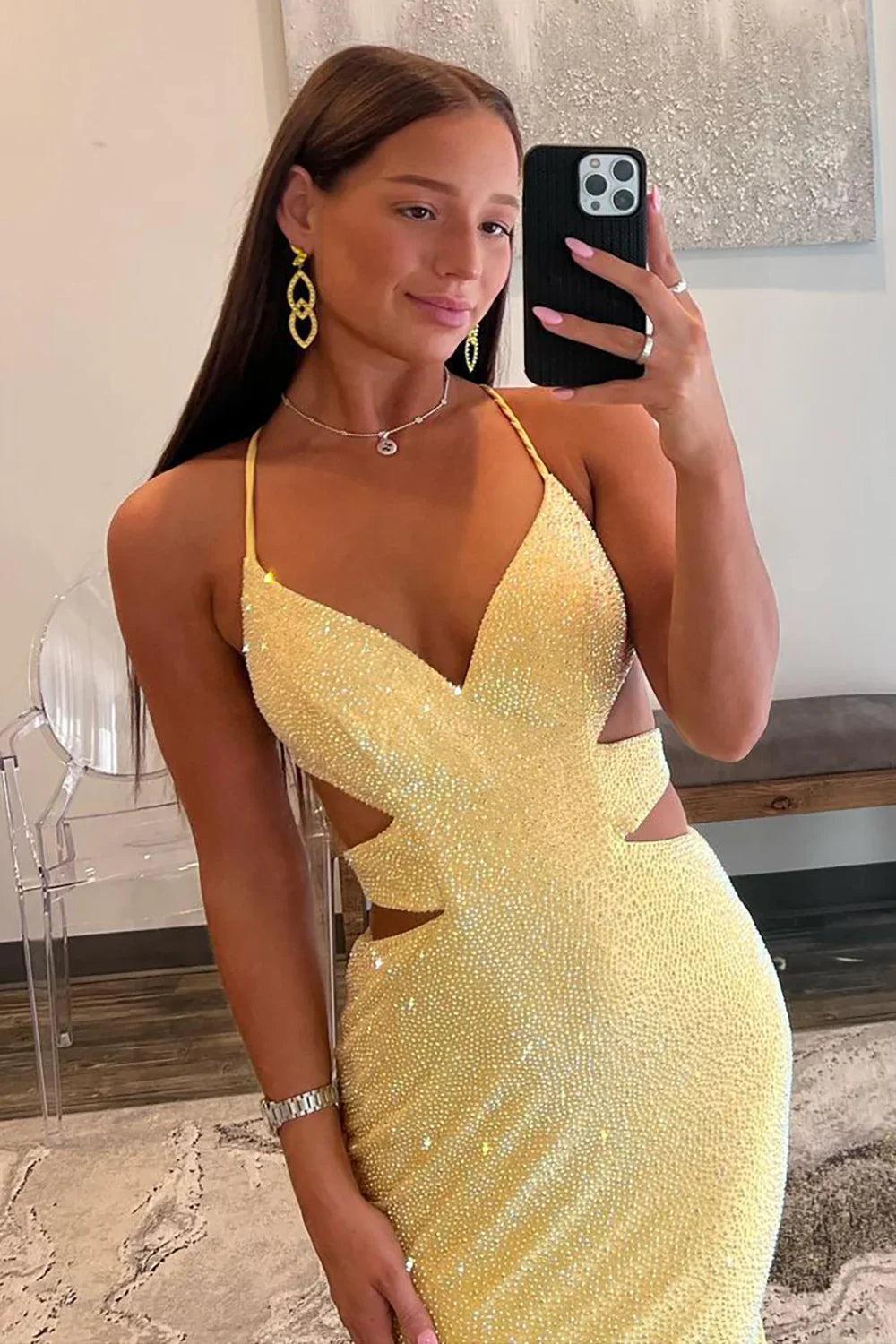 Yellow Mermaid Prom Dress With Cutout Waist Lace Up Corset And Beaded Details Formal Evening Gown