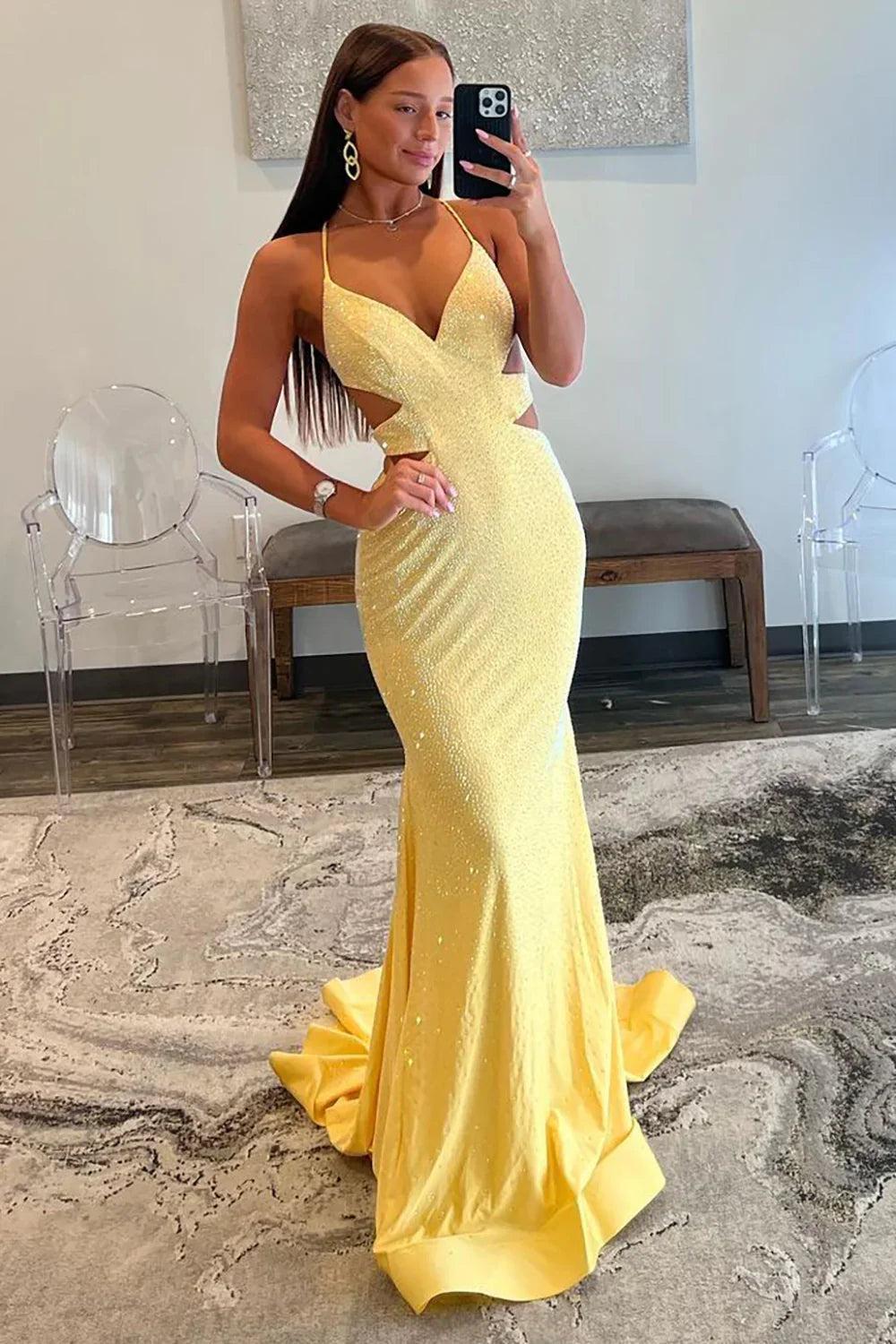 Yellow Mermaid Prom Dress With Cutout Waist Lace Up Corset And Beaded Details Formal Evening Gown