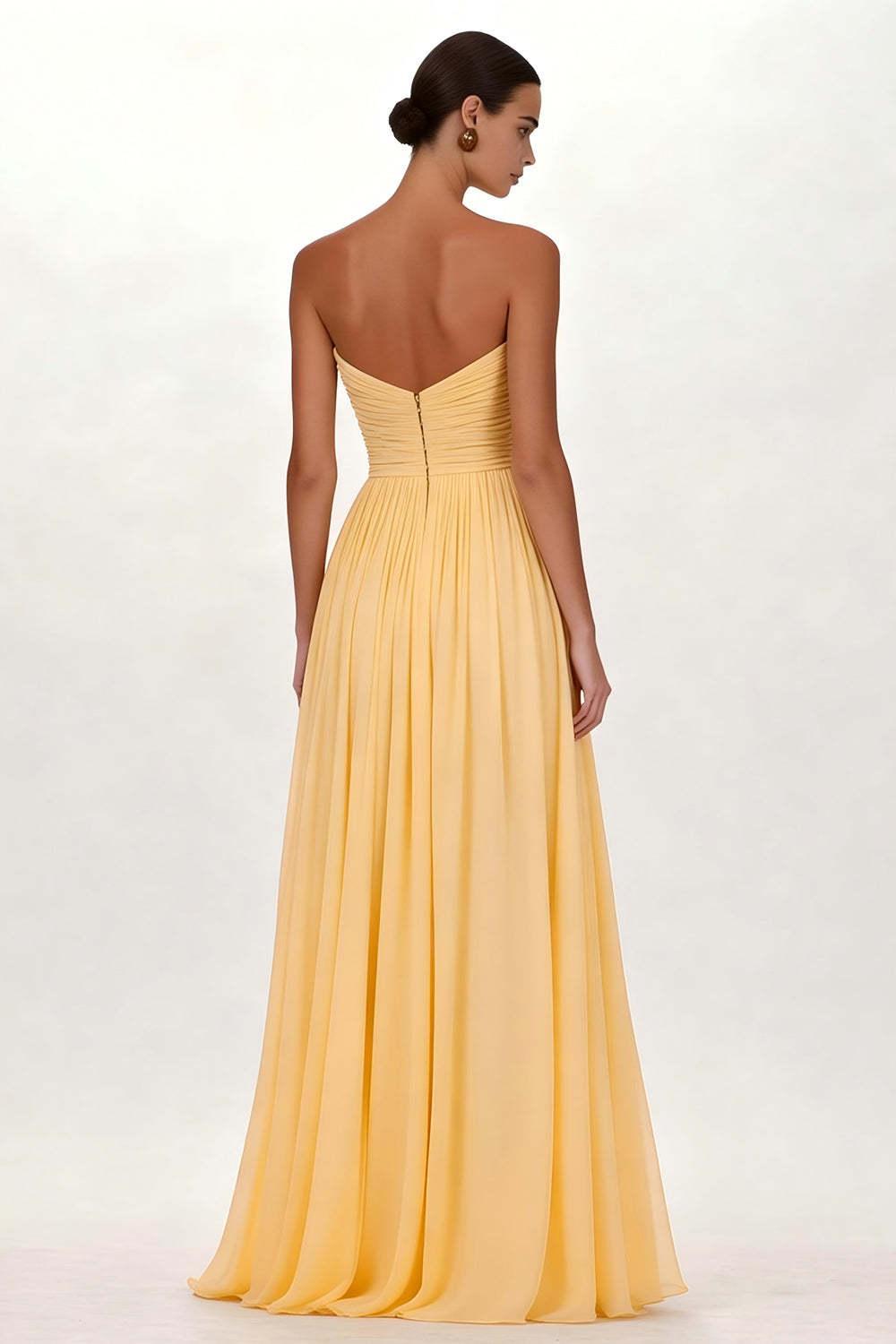 Yellow Pleated Sweetheart A Line Long Chiffon Prom Dress