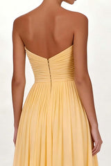 Yellow Pleated Sweetheart A Line Long Chiffon Prom Dress