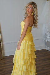 Yellow Prom Dress Chiffon Sweetheart Ruffled Long Formal Dress With Slit