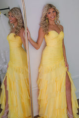 Yellow Prom Dress Chiffon Sweetheart Ruffled Long Formal Dress With Slit