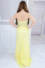 Yellow Prom Dress Floral Mermaid Spaghetti Straps Long Evening Dress With Slit