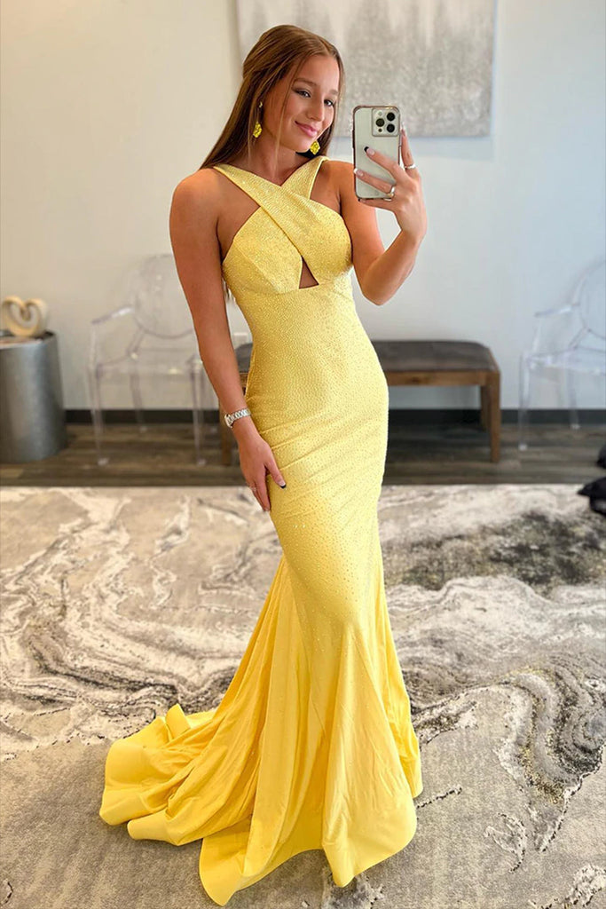 Yellow Prom Dress Halter Mermaid Evening Dress Dreamyannie UK Yellow Prom Dress Halter Mermaid Evening Dress Dreamyannie UK